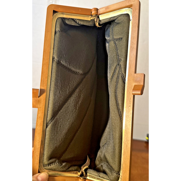 Vintage 1970’s Black Leather Patchwork Clutch Purse Hong Kong Bakelite Handle - Picture 4 of 9